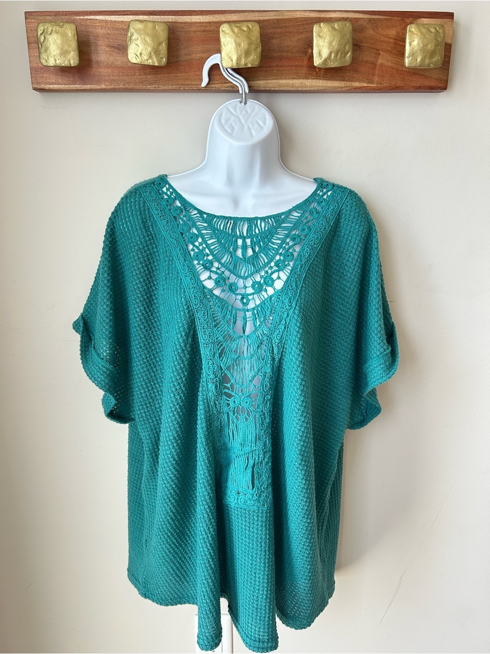 🟢 5 for $25 🟢 Crochet-Detail Teal Knit Tunic Top Coastal Grandma Cottagecore Bea